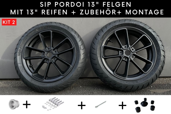 SIP PORDOI 13 Zoll Felgen KIT schwarz glänzend mit Michelin City Grip2 130+140
